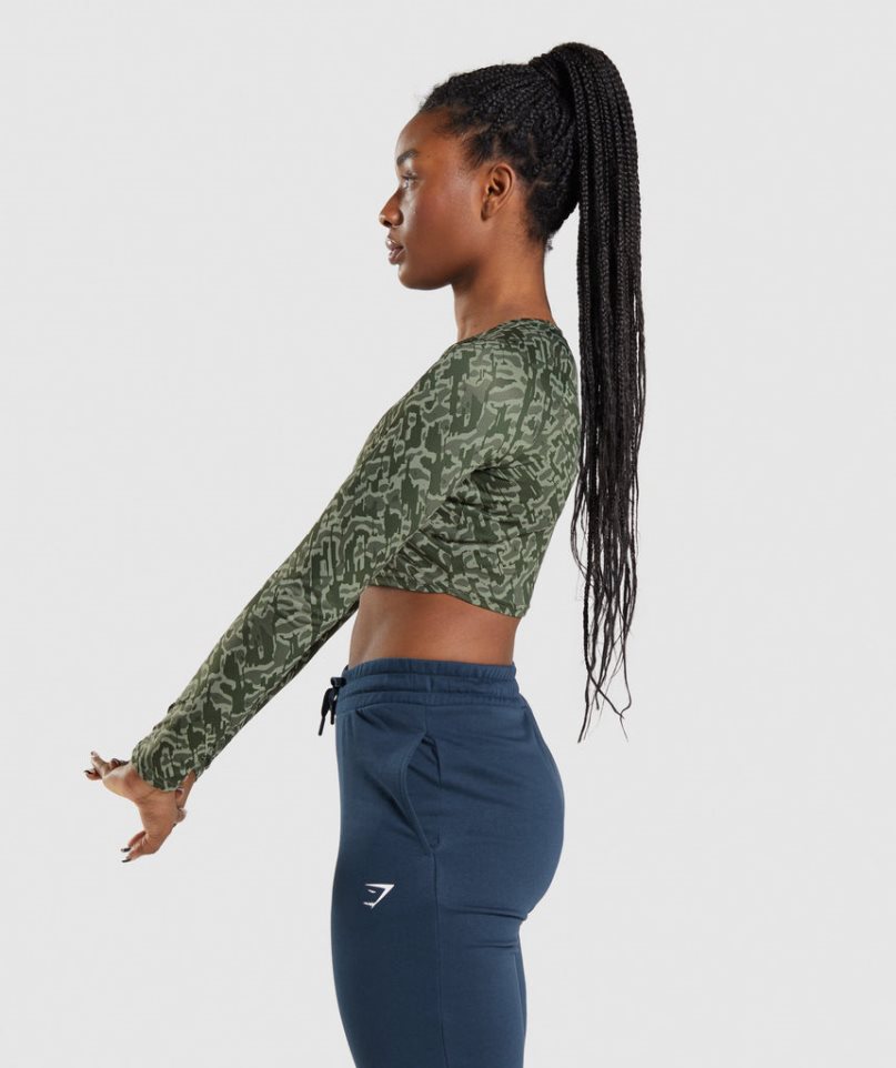 Women's Gymshark Training Long Sleeve Cropped Tops Green | CA 71AD30